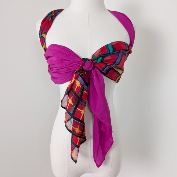 90s Plaid Scarf Abstract Rectangular Sheer Primary Colours Grid Tartan - Picture 1 of 8